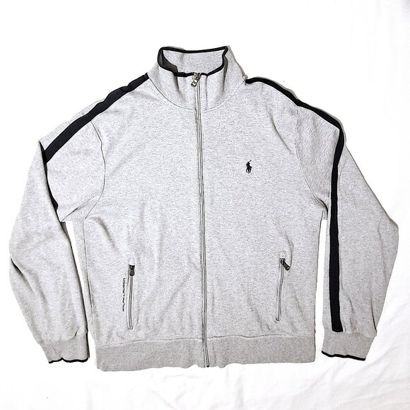 VTG 90s Polo Ralph Lauren Track Jacket Gray Blue Striped Pony Logo Full Zip L - Picture 1 of 9
